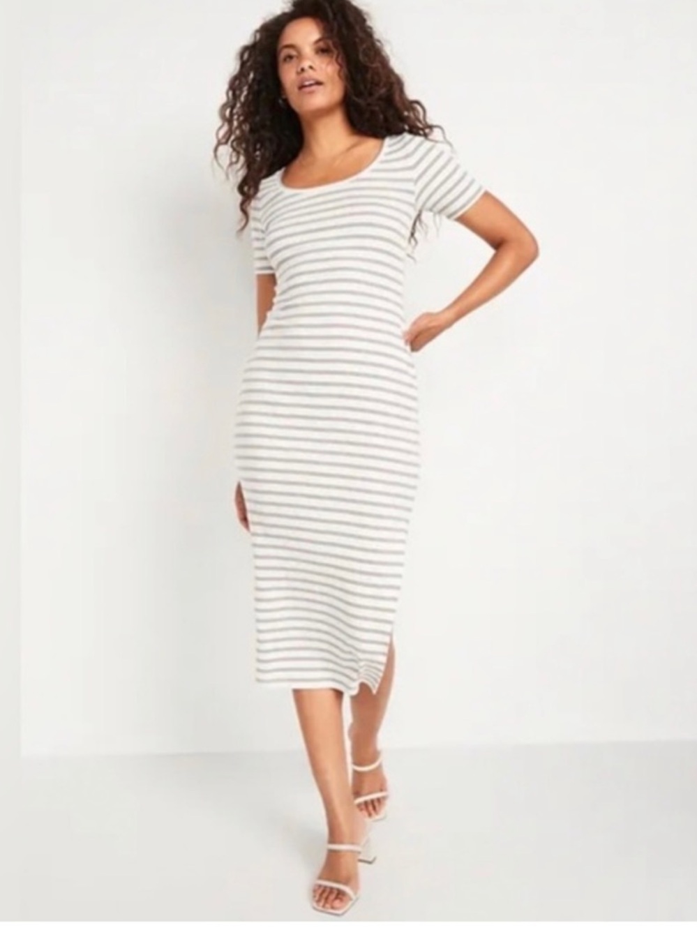 Old Navy Striped Midi Dress Short Sleeves Cream Brown Size Small Petite